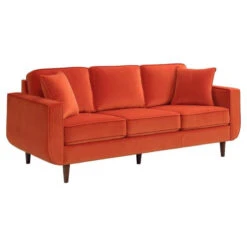 Lexicon Rand 82.5" Mid-Century Velvet Sofa With 2 Pillows In Orange